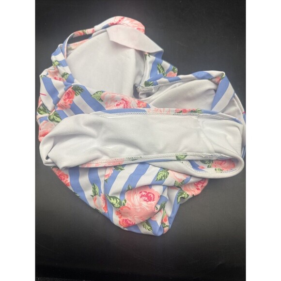 Betsey Johnson Pink Floral Blue Stripe Print Women’s One Piece Swimsuit Sz M - Picture 8 of 11